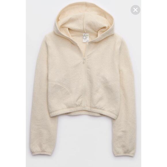 Offline by Aerie Womens Jacket XS Cream Cropped Zip Front Normcore Athleisure - Picture 2 of 16